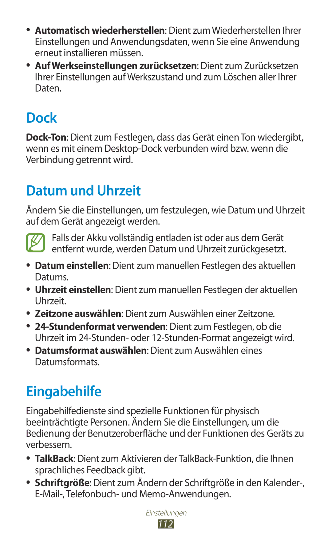 Samsung GT-P7510UWEDBT, GT-P7510FKDDBT, GT-P7510FKEDBT, GT-P7510FKDATO manual Dock, Datum und Uhrzeit, Eingabehilfe, 112 