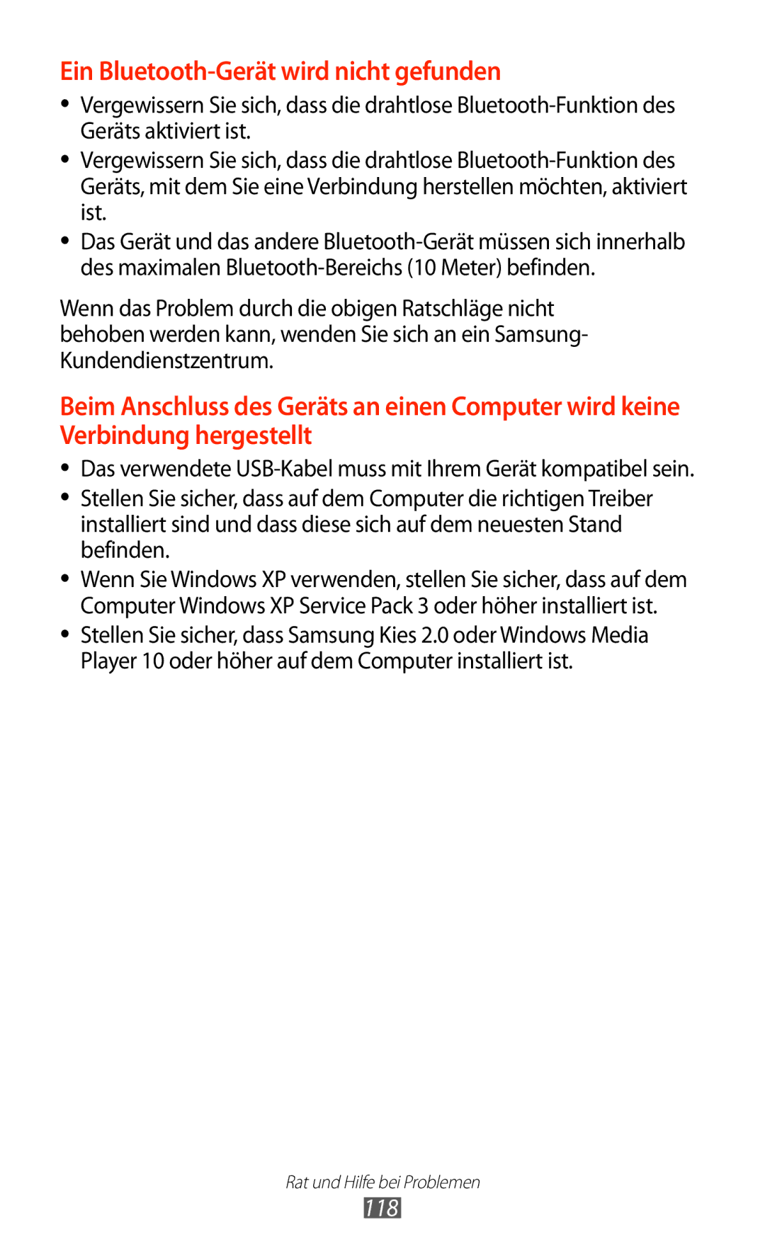 Samsung GT-P7510UWADBT, GT-P7510UWEDBT, GT-P7510FKDDBT, GT-P7510FKEDBT manual Ein Bluetooth-Gerät wird nicht gefunden, 118 