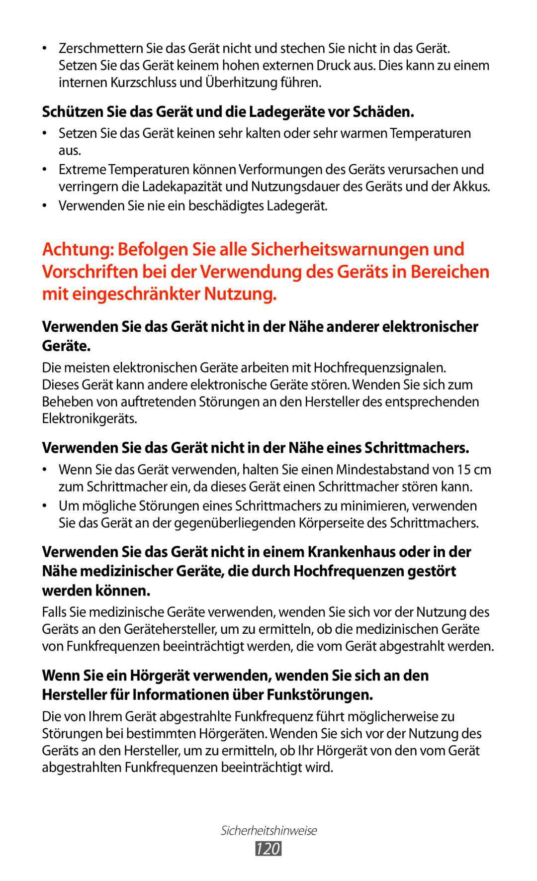 Samsung GT-P7510UWEDBT, GT-P7510FKDDBT, GT-P7510FKEDBT manual 120, Schützen Sie das Gerät und die Ladegeräte vor Schäden 