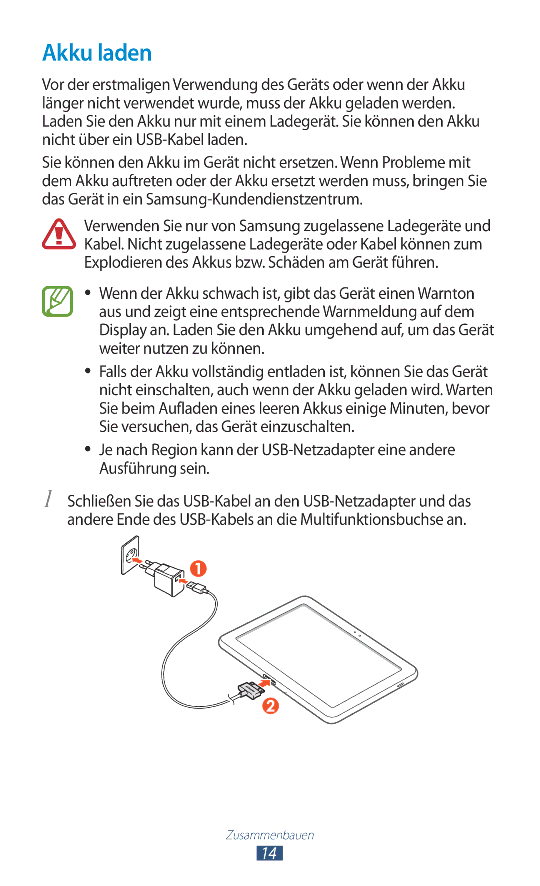 Samsung GT-P7510UWADBT, GT-P7510UWEDBT, GT-P7510FKDDBT, GT-P7510FKEDBT, GT-P7510FKDATO, GT-P7510FKADBT manual Akku laden 
