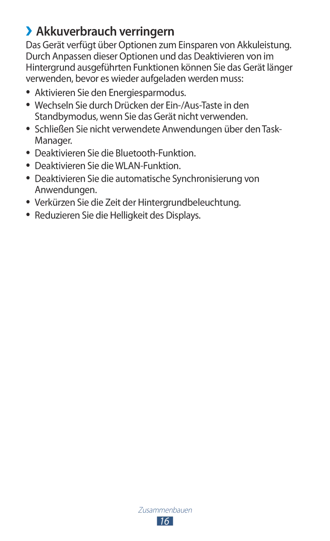 Samsung GT-P7510UWEDBT, GT-P7510FKDDBT, GT-P7510FKEDBT manual ››Akkuverbrauch verringern, Aktivieren Sie den Energiesparmodus 