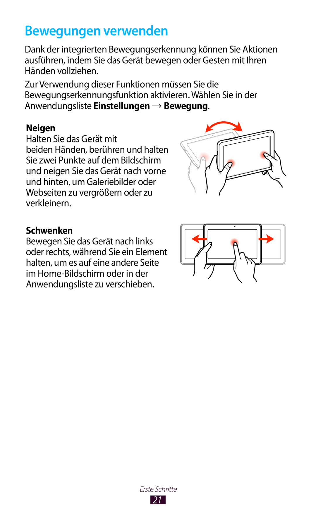 Samsung GT-P7510UWDDBT, GT-P7510UWEDBT, GT-P7510FKDDBT, GT-P7510FKEDBT manual Bewegungen verwenden, Neigen, Schwenken 