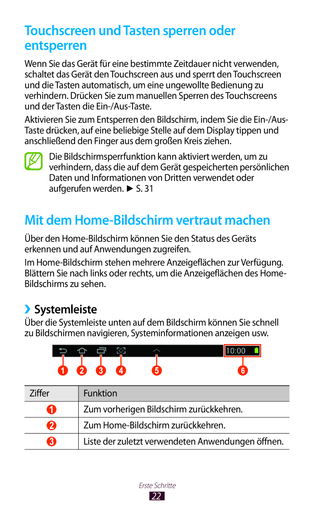 Samsung GT-P7510UWADBT manual Touchscreen und Tasten sperren oder entsperren, Mit dem Home-Bildschirm vertraut machen 