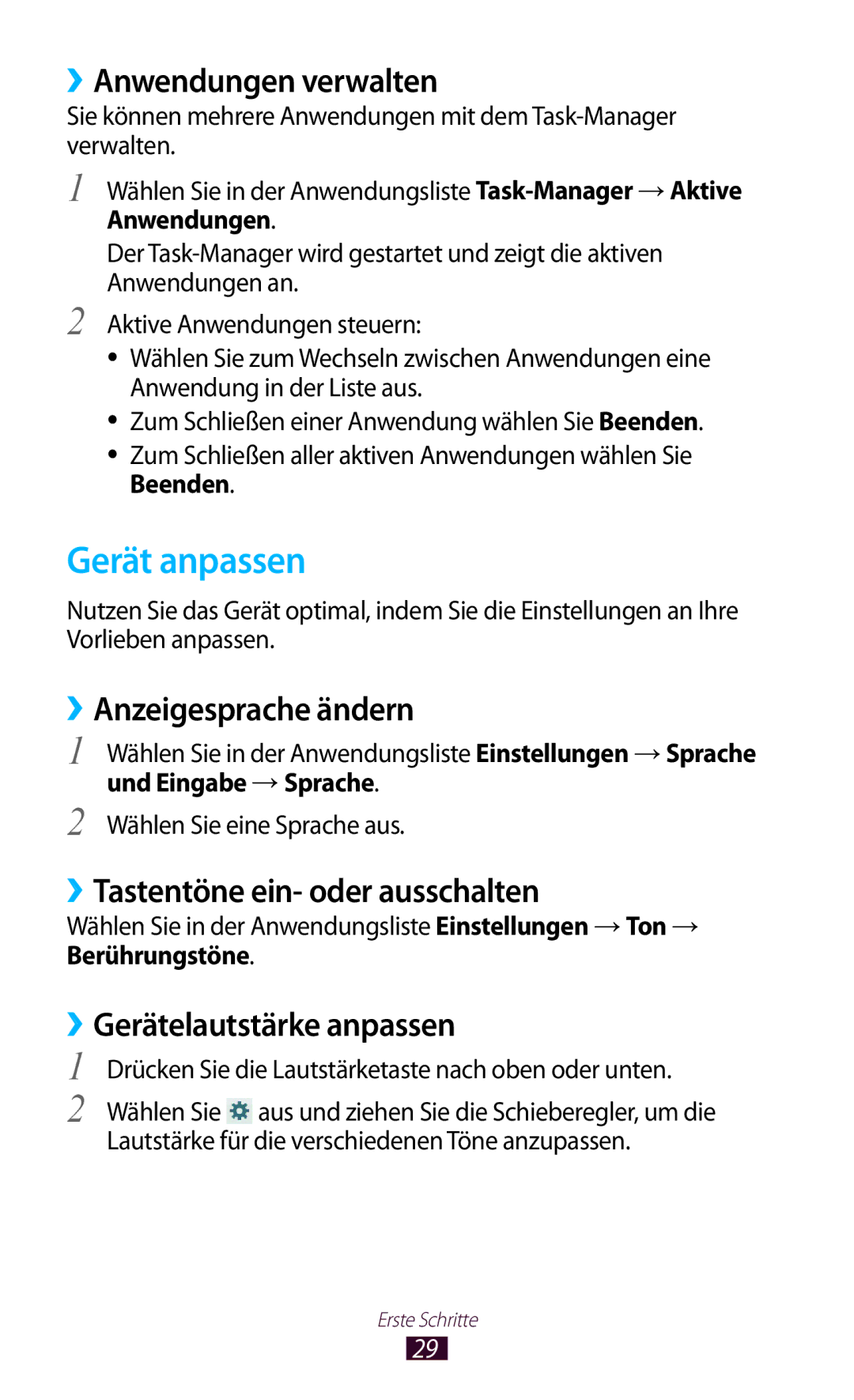 Samsung GT-P7510UWDDBT manual Gerät anpassen, ››Anwendungen verwalten, ››Anzeigesprache ändern, ››Gerätelautstärke anpassen 