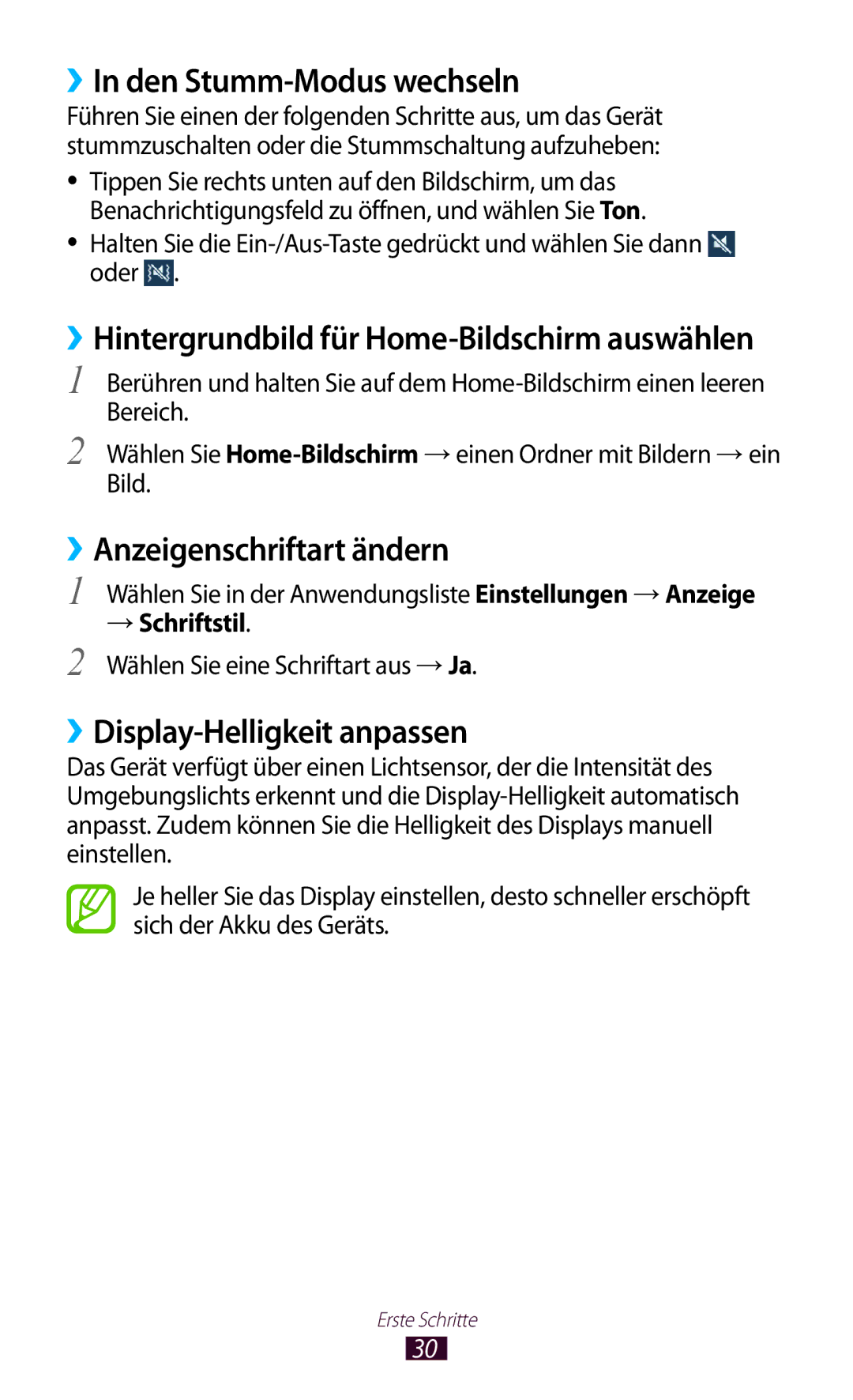 Samsung GT-P7510UWADBT manual ››In den Stumm-Modus wechseln, ››Anzeigenschriftart ändern, ››Display-Helligkeit anpassen 