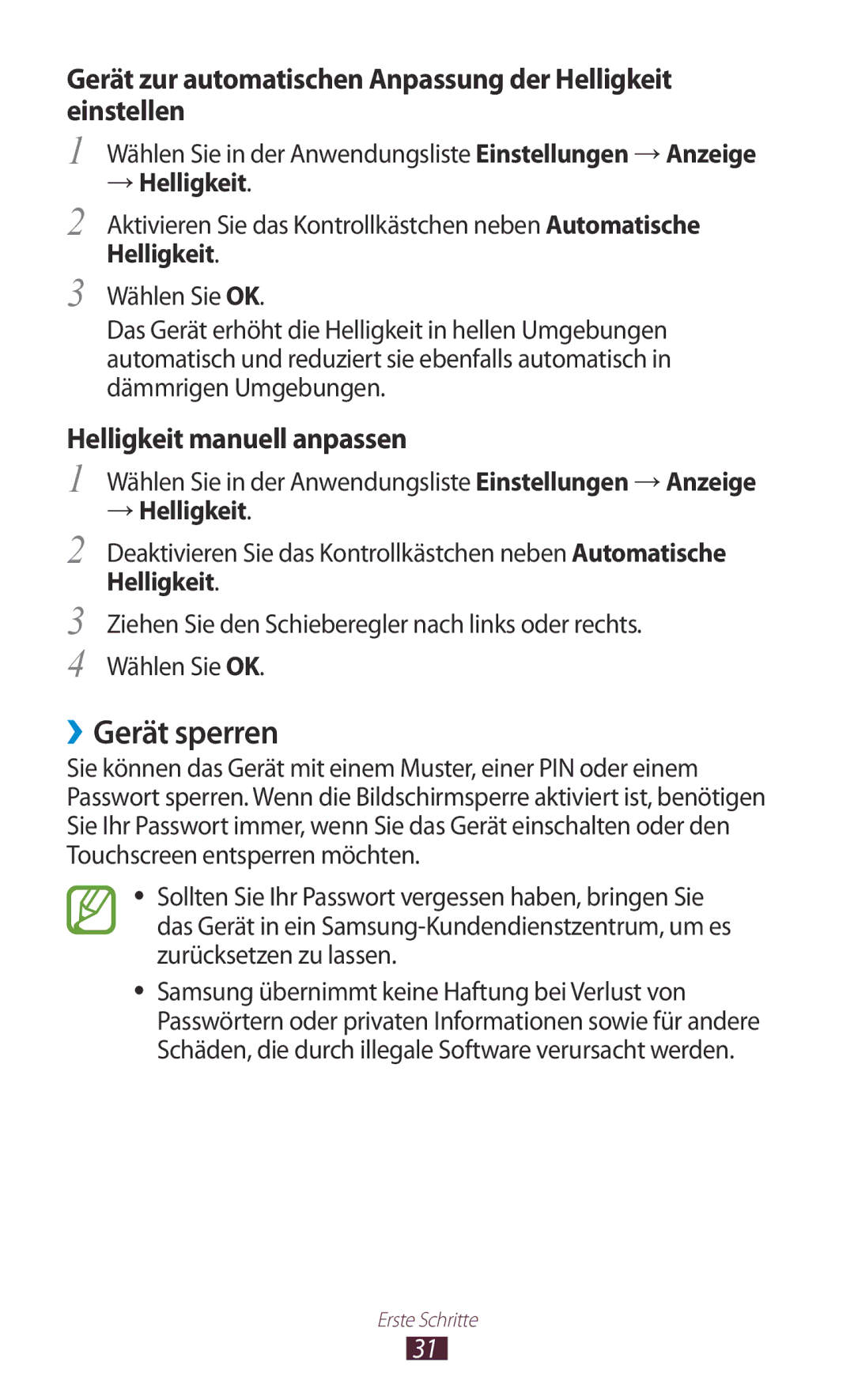 Samsung GT-P7510ZWDATO, GT-P7510UWEDBT, GT-P7510FKDDBT, GT-P7510FKEDBT, GT-P7510FKDATO manual ››Gerät sperren, → Helligkeit 