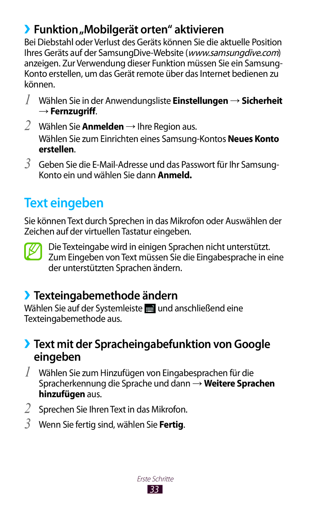 Samsung GT-P7510FKDDBT, GT-P7510UWEDBT Text eingeben, ››Funktion„Mobilgerät orten aktivieren, ››Texteingabemethode ändern 