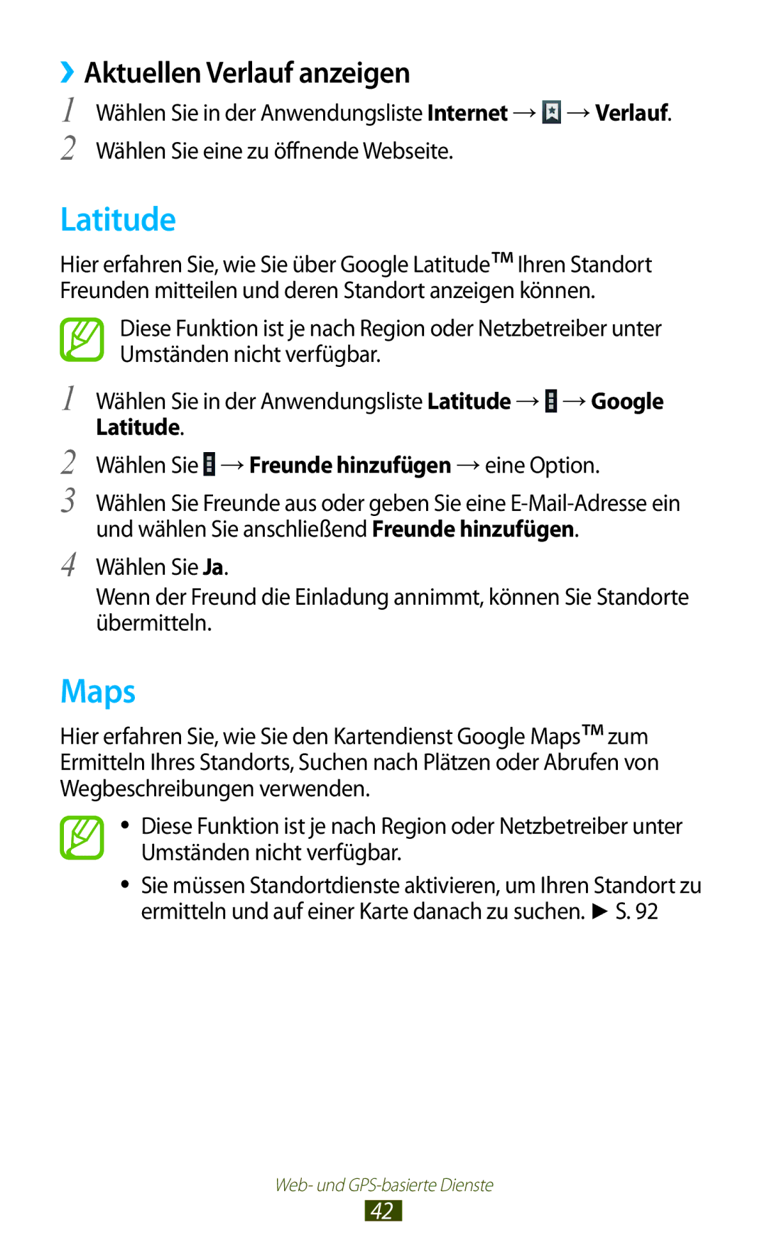 Samsung GT-P7510FKEDBT manual Latitude, Maps, ››Aktuellen Verlauf anzeigen, Wählen Sie → Freunde hinzufügen → eine Option 