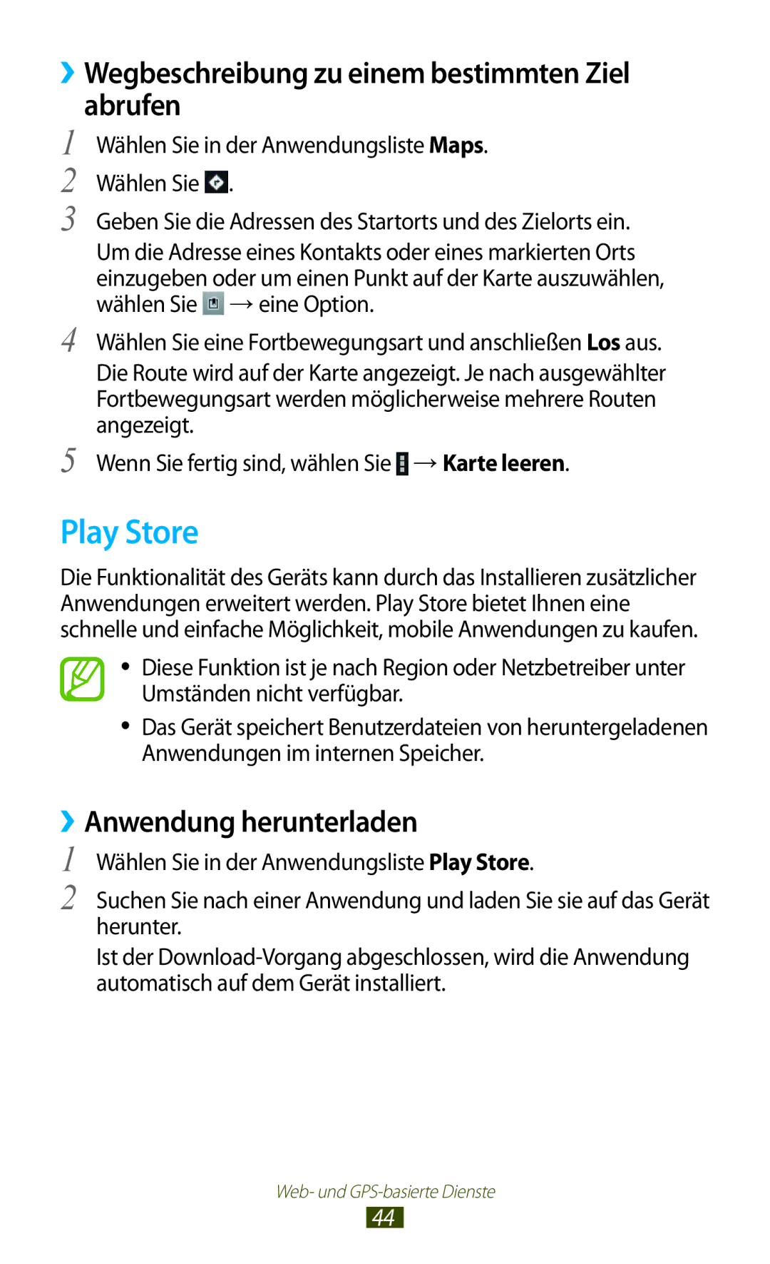 Samsung GT-P7510FKADBT, GT-P7510UWEDBT, GT-P7510FKDDBT manual Play Store, ››Wegbeschreibung zu einem bestimmten Ziel abrufen 