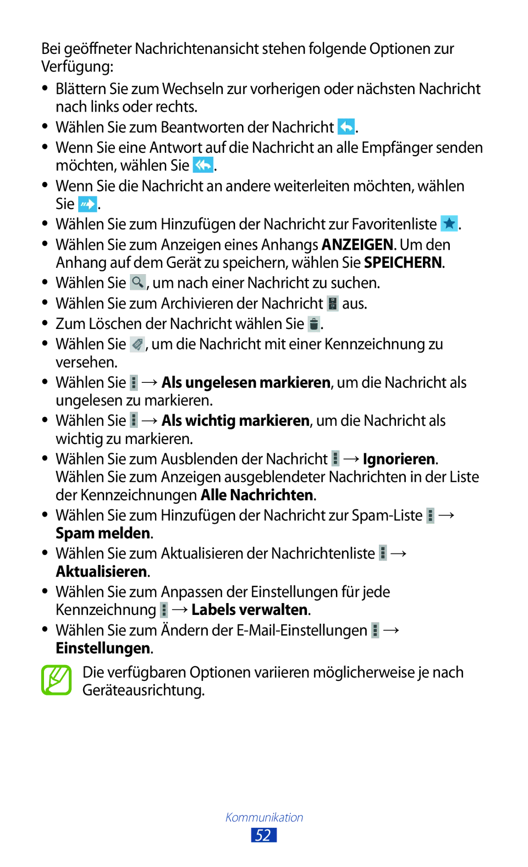 Samsung GT-P7510FKADBT, GT-P7510UWEDBT, GT-P7510FKDDBT manual Wählen Sie Um nach einer Nachricht zu suchen, Spam melden 