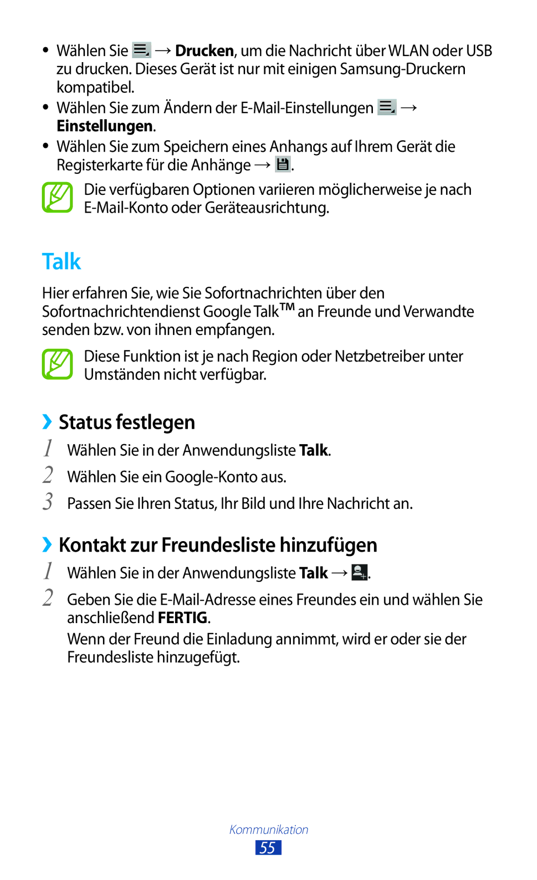 Samsung GT-P7510ZWDATO, GT-P7510UWEDBT, GT-P7510FKDDBT Talk, ››Status festlegen, ››Kontakt zur Freundesliste hinzufügen 