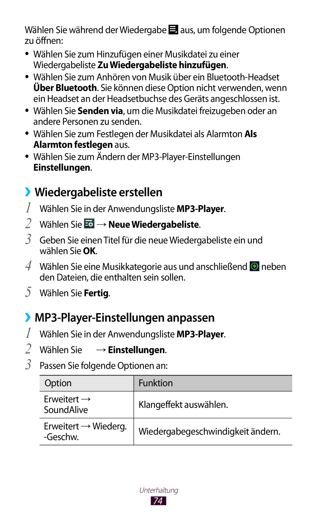 Samsung GT-P7510FKEDBT Wiedergabeliste erstellen, ››MP3-Player-Einstellungen anpassen, Wählen Sie → Neue Wiedergabeliste 