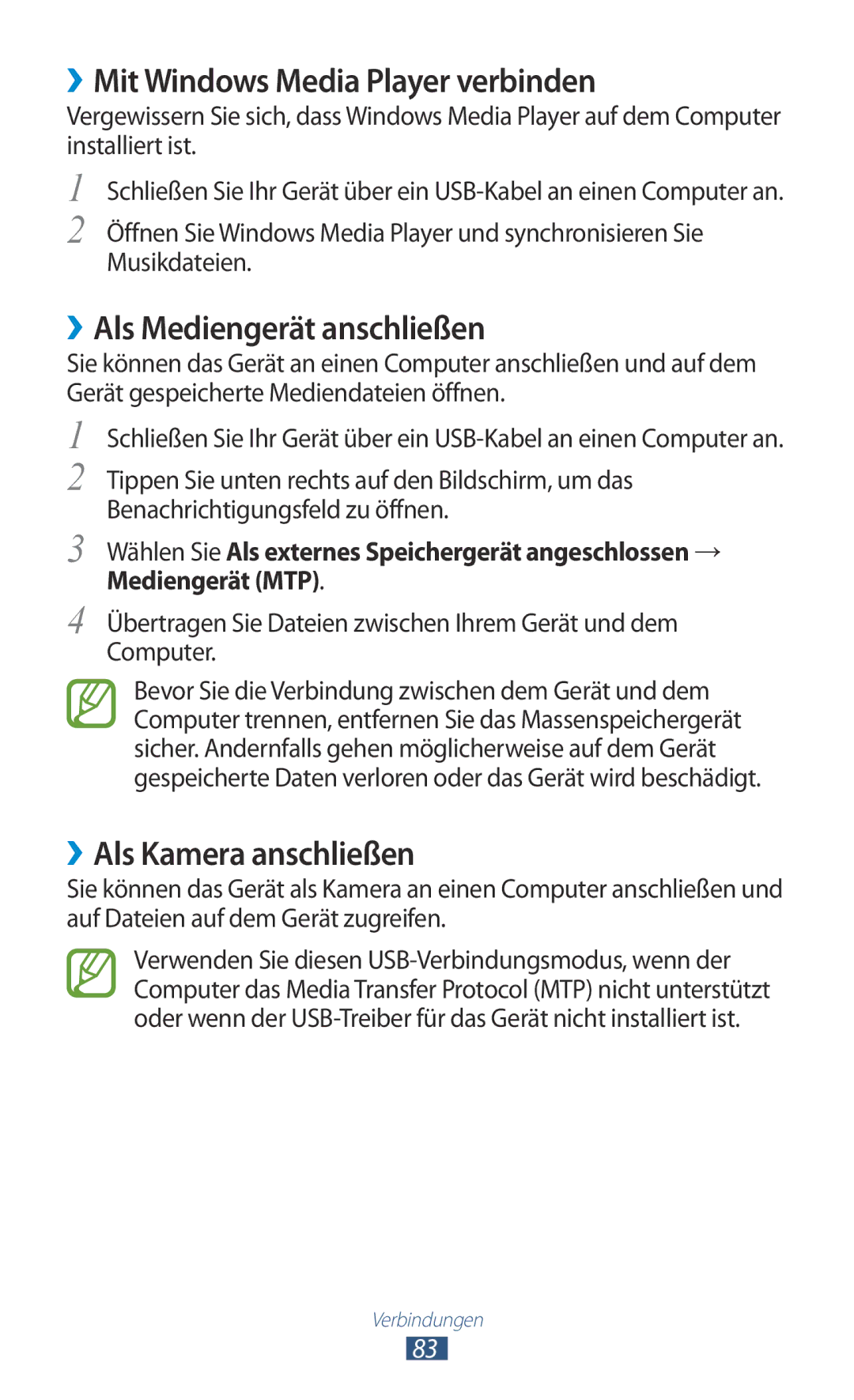 Samsung GT-P7510FKDATO manual ››Mit Windows Media Player verbinden, ››Als Mediengerät anschließen, ››Als Kamera anschließen 