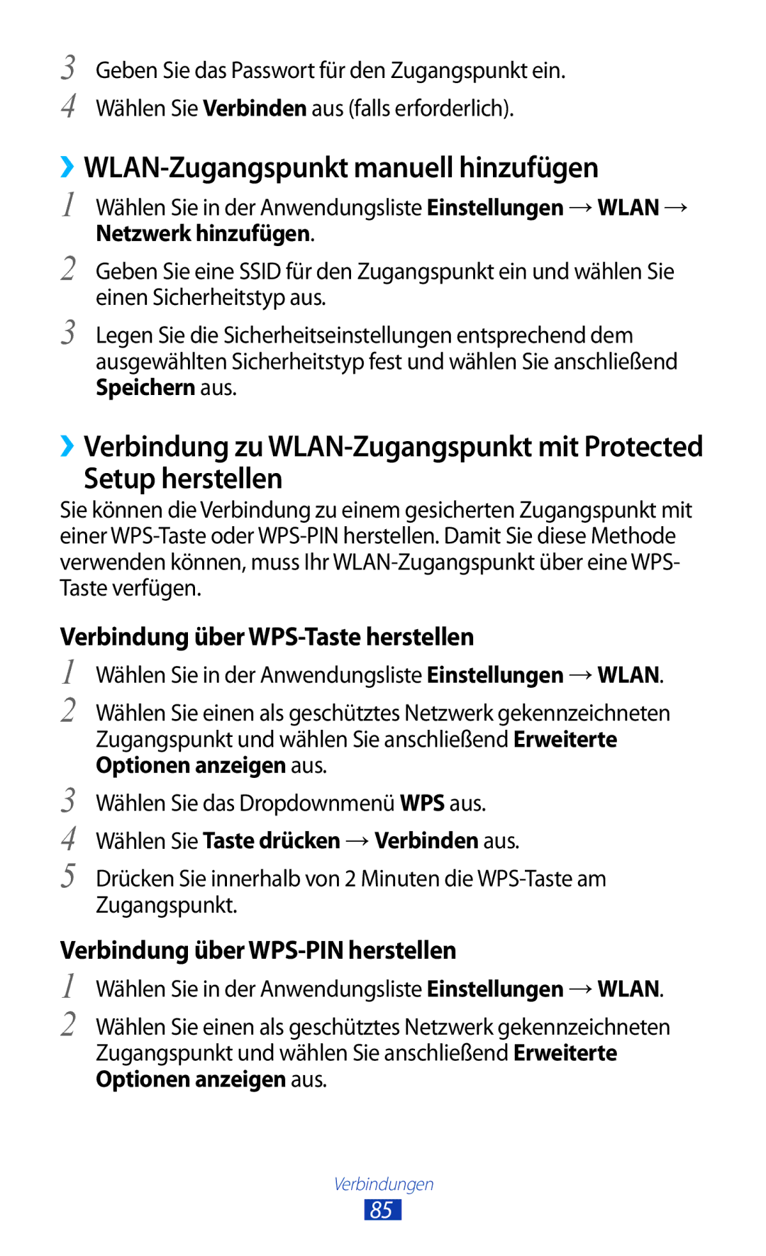 Samsung GT-P7510UWDDBT, GT-P7510UWEDBT manual ››WLAN-Zugangspunkt manuell hinzufügen, Setup herstellen, Netzwerk hinzufügen 