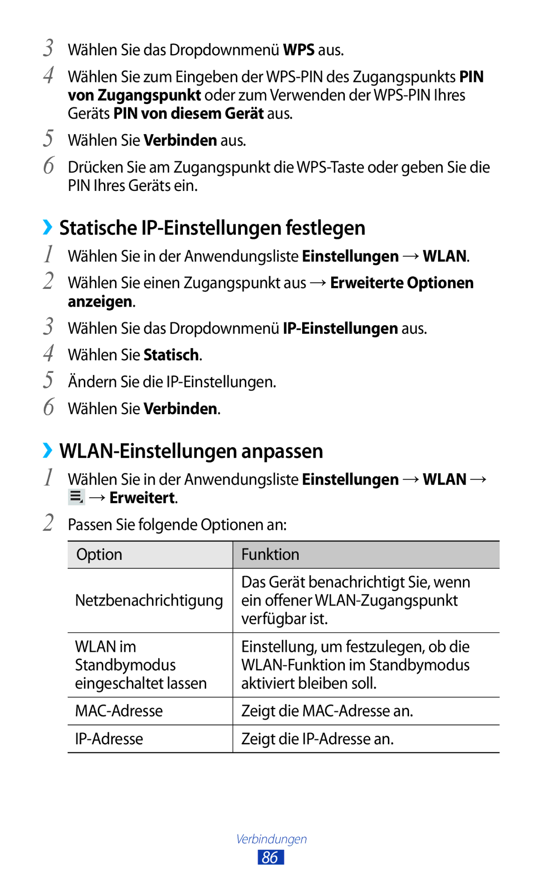 Samsung GT-P7510UWADBT, GT-P7510UWEDBT manual ››Statische IP-Einstellungen festlegen, ››WLAN-Einstellungen anpassen 