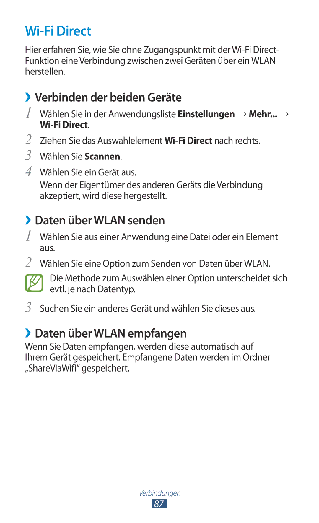 Samsung GT-P7510ZWDATO Wi-Fi Direct, ››Verbinden der beiden Geräte, ››Daten über Wlan senden, ››Daten über Wlan empfangen 