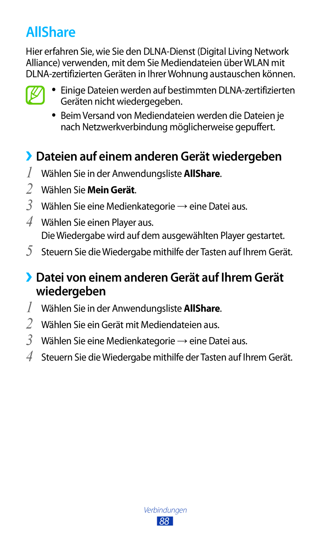 Samsung GT-P7510UWEDBT, GT-P7510FKDDBT, GT-P7510FKEDBT manual AllShare, ››Dateien auf einem anderen Gerät wiedergeben 