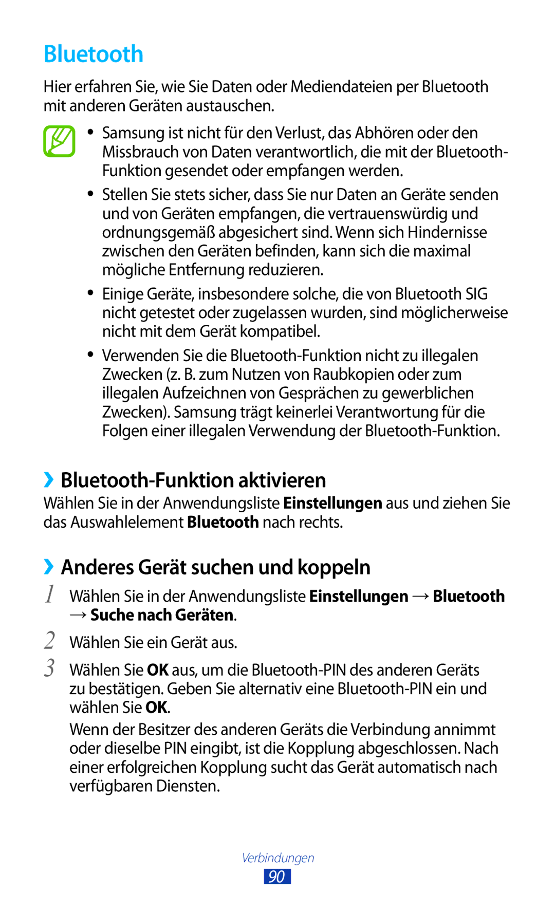 Samsung GT-P7510FKEDBT, GT-P7510UWEDBT manual ››Bluetooth-Funktion aktivieren, ››Anderes Gerät suchen und koppeln 