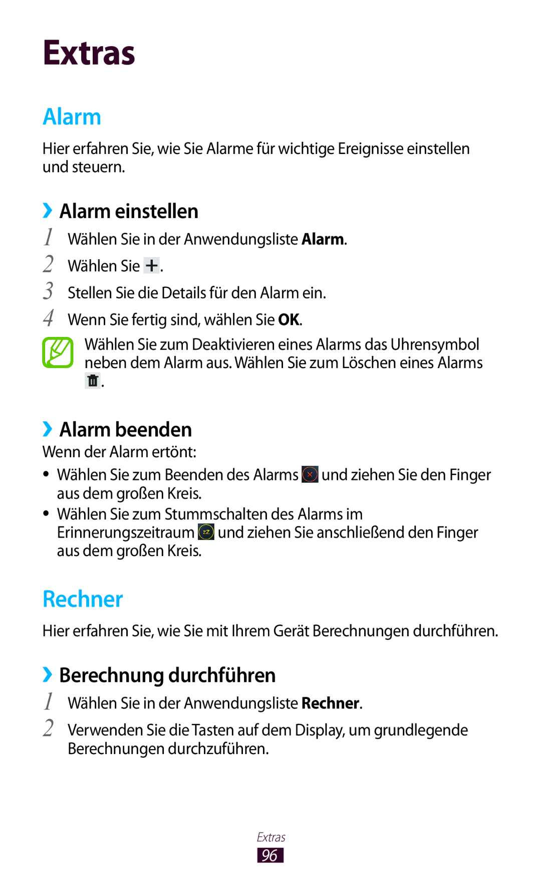 Samsung GT-P7510UWEDBT, GT-P7510FKDDBT manual Rechner, ››Alarm einstellen, ››Alarm beenden, ››Berechnung durchführen 
