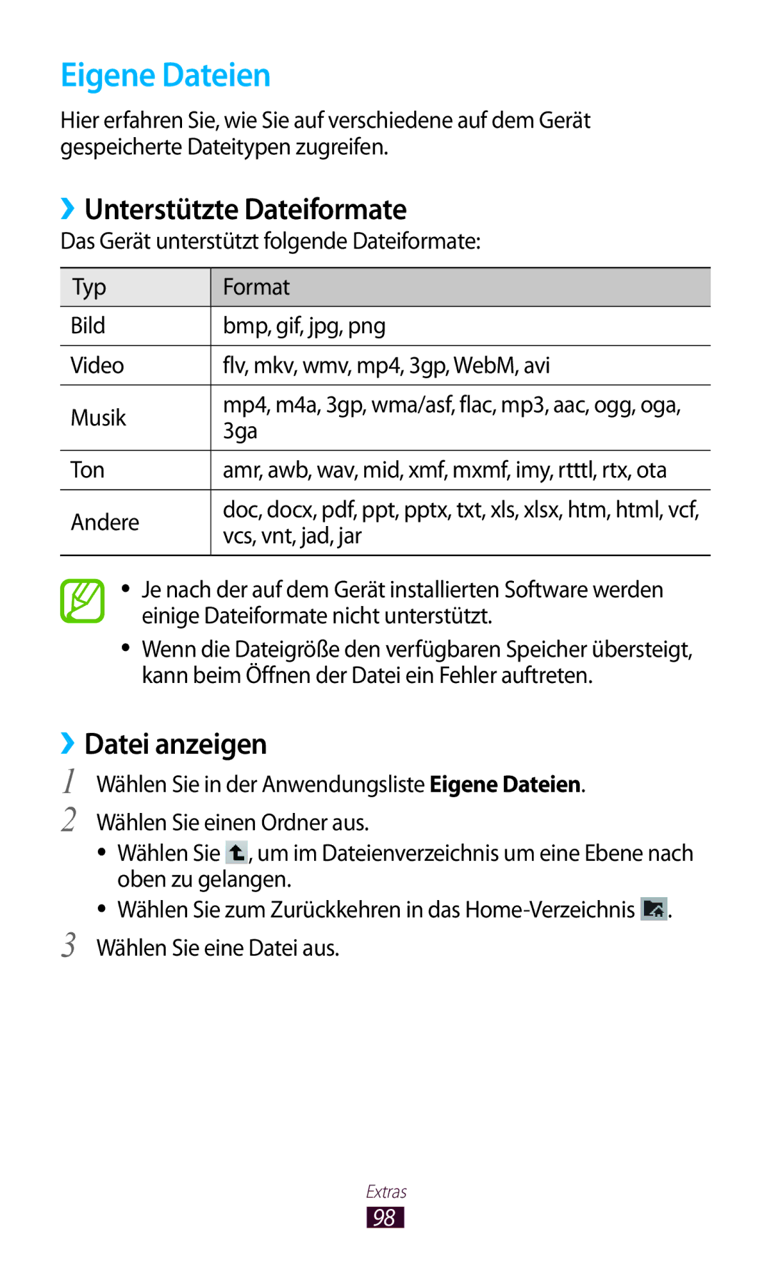 Samsung GT-P7510FKEDBT, GT-P7510UWEDBT, GT-P7510FKDDBT manual Eigene Dateien, ››Unterstützte Dateiformate, Datei anzeigen 