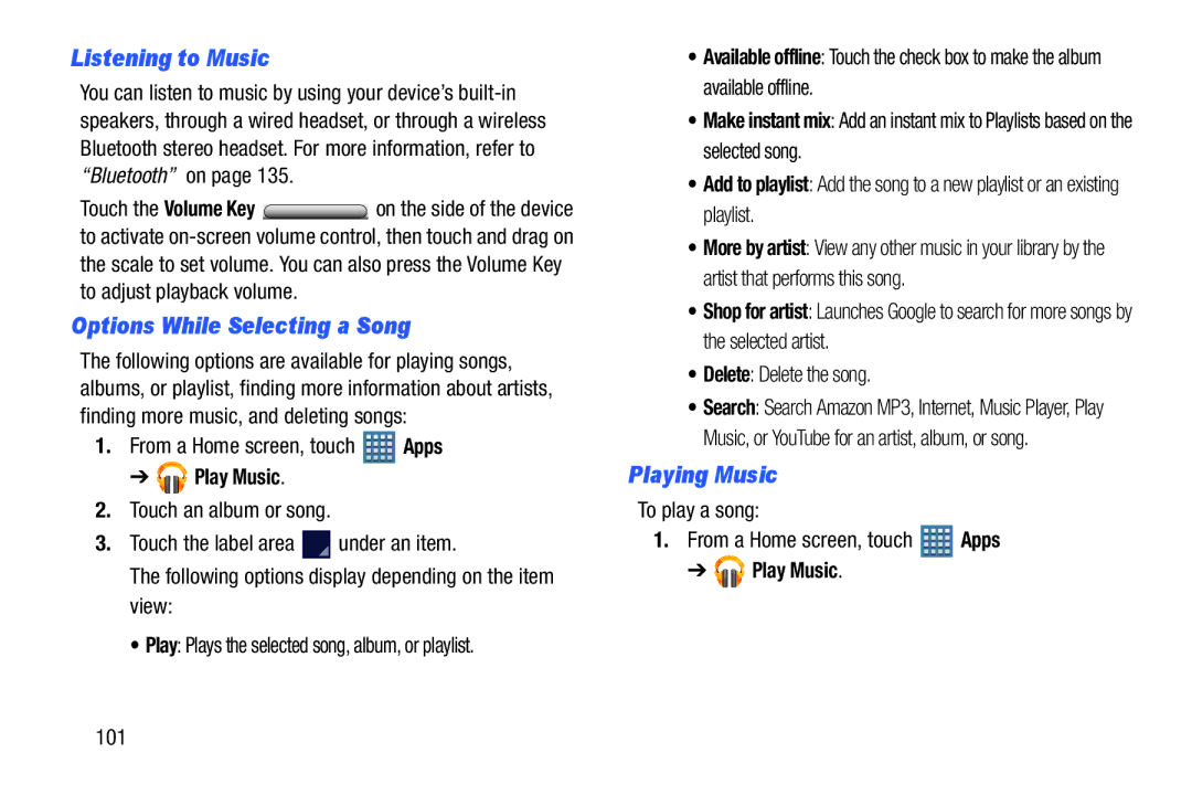 Samsung GT-P7510MAVXAB Listening to Music, Options While Selecting a Song, Playing Music, From a Home screen, touch 