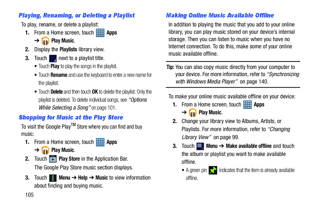 Samsung GT-P7510MAYXAB, GT-P7510UWVXAB Playing, Renaming, or Deleting a Playlist, Shopping for Music at the Play Store 