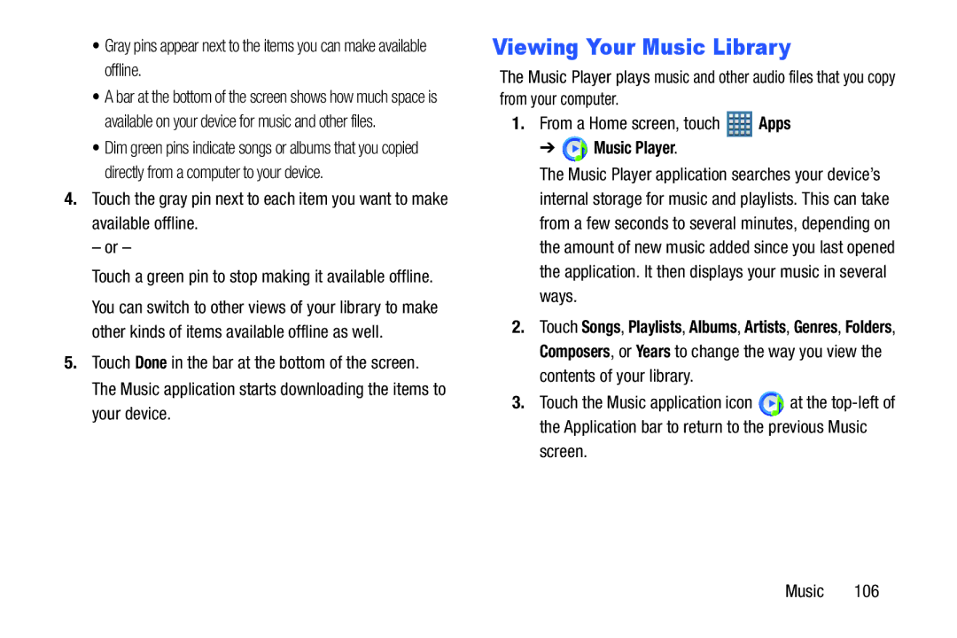 Samsung GT-P7510UWVXAB, GT-P7510MAVXAB, GT-P7510MAYXAB user manual Viewing Your Music Library, Music Player, Screen Music 