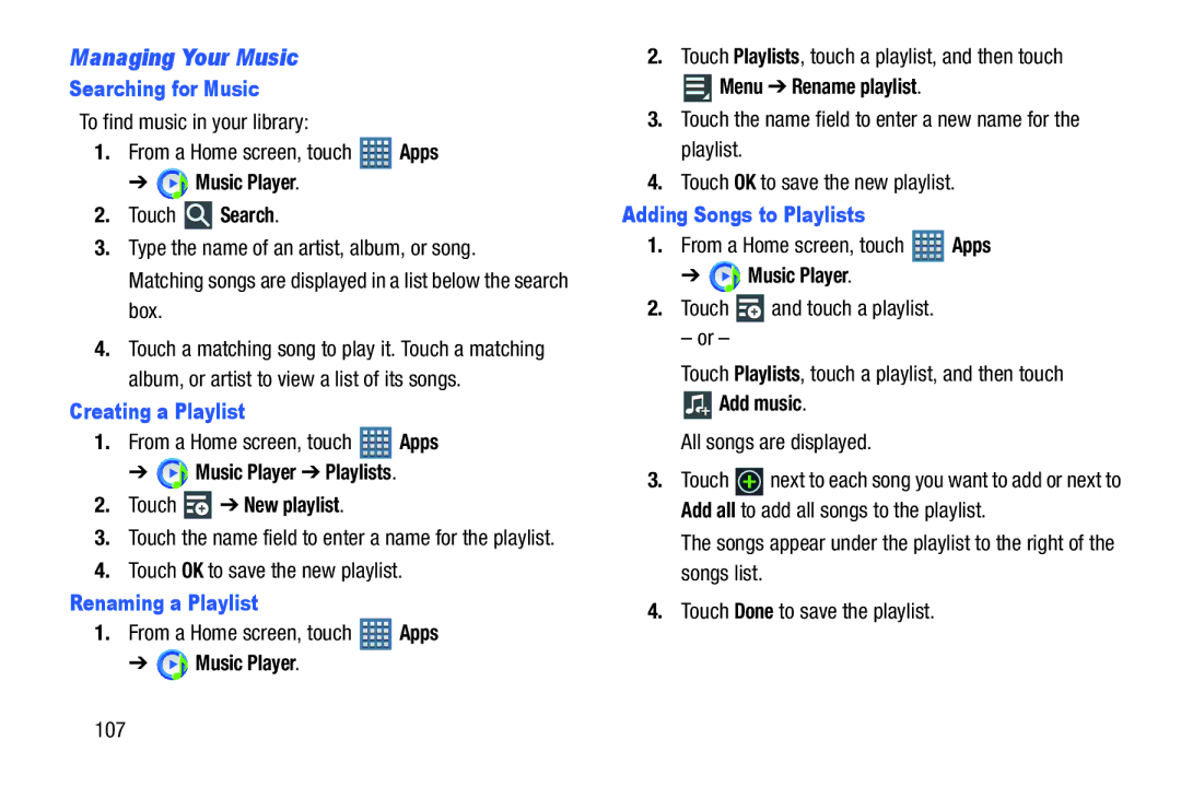 Samsung GT-P7510MAVXAB, GT-P7510UWVXAB Managing Your Music, Searching for Music, Creating a Playlist, Renaming a Playlist 