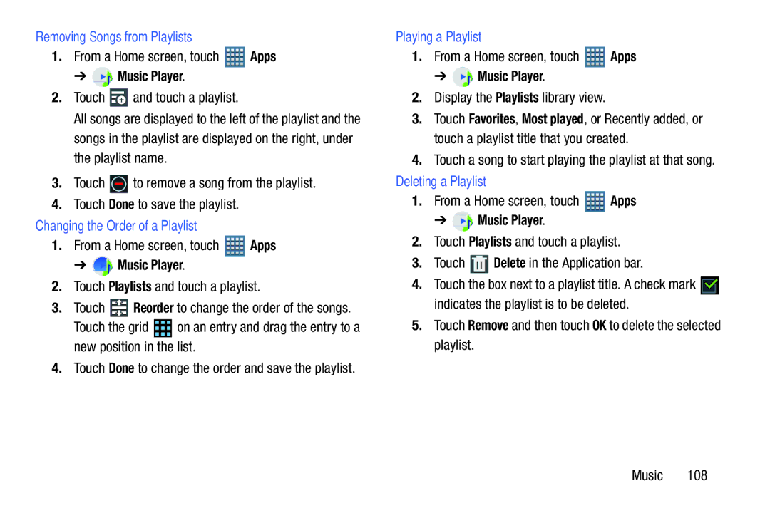 Samsung GT-P7510MAYXAB, GT-P7510UWVXAB, GT-P7510MAVXAB user manual Removing Songs from Playlists, Deleting a Playlist 