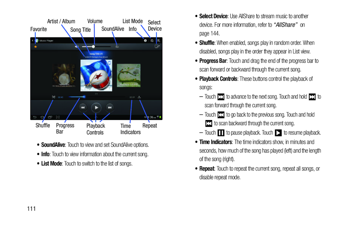 Samsung GT-P7510MAYXAB, GT-P7510UWVXAB, GT-P7510MAVXAB user manual List Mode Touch to switch to the list of songs 