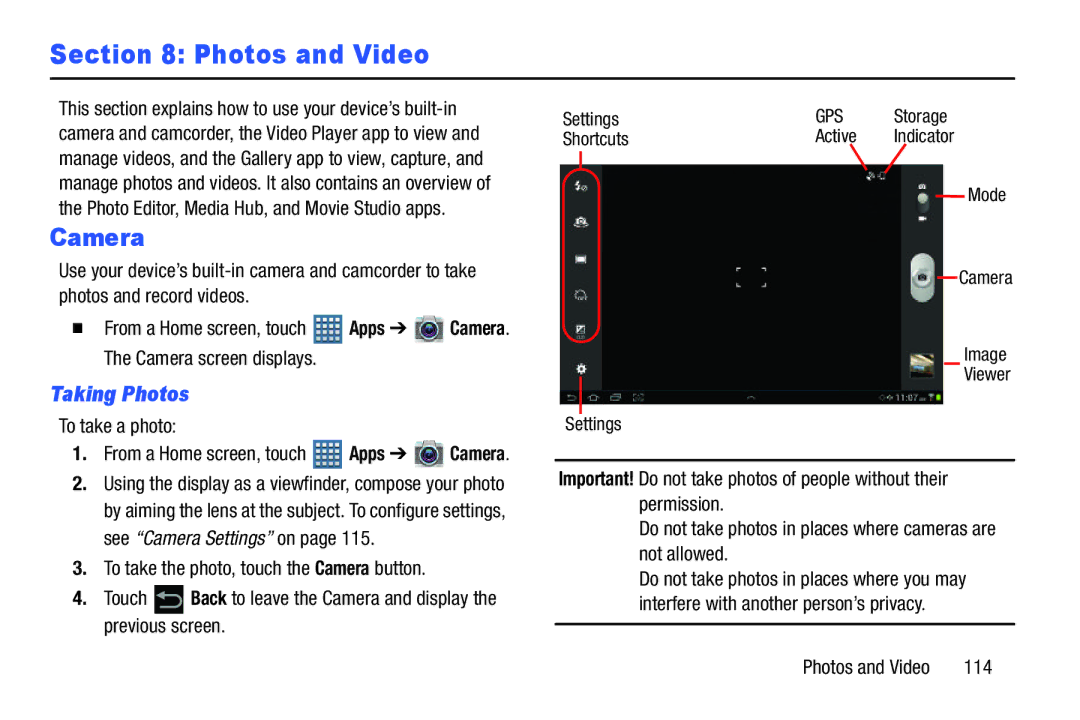 Samsung GT-P7510MAYXAB, GT-P7510UWVXAB, GT-P7510MAVXAB user manual Camera, Taking Photos, To take a photo, 114 