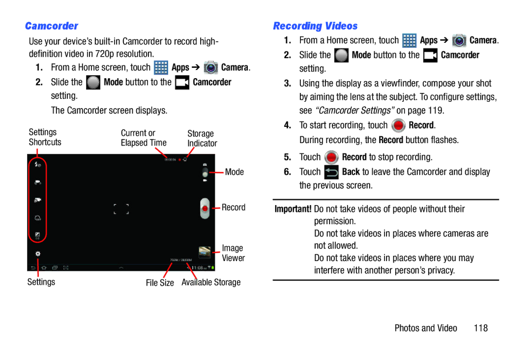 Samsung GT-P7510UWVXAB, GT-P7510MAVXAB, GT-P7510MAYXAB user manual Camcorder, Slide, Setting 