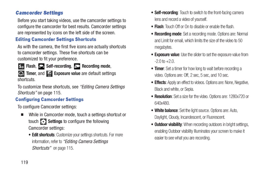 Samsung GT-P7510MAVXAB, GT-P7510UWVXAB Editing Camcorder Settings Shortcuts, Configuring Camcorder Settings, 119 