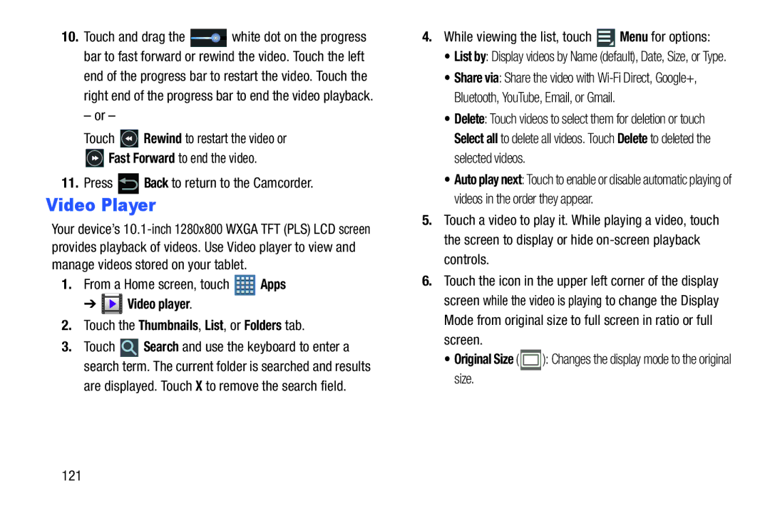 Samsung GT-P7510UWVXAB, GT-P7510MAVXAB user manual Video Player, Video player Touch the Thumbnails, List, or Folders tab 