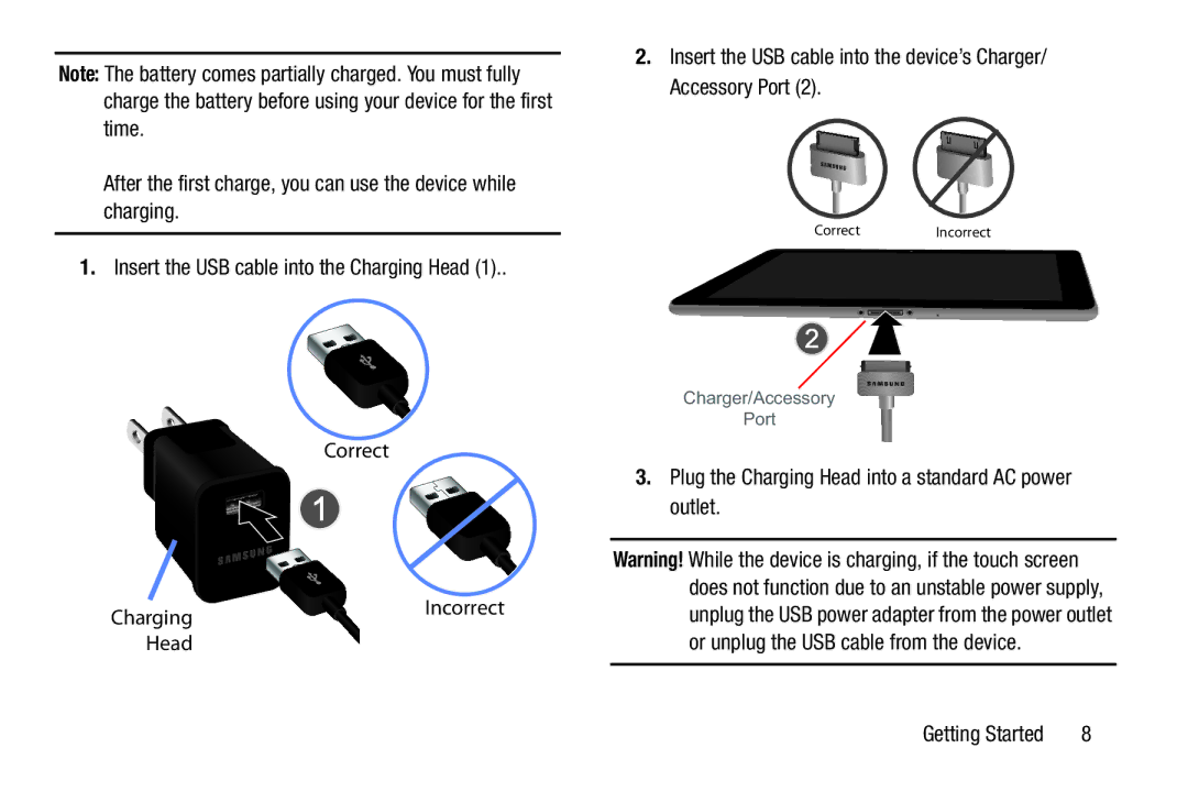 Samsung GT-P7510MAVXAB, GT-P7510UWVXAB Plug the Charging Head into a standard AC power outlet, Correct, Charging Incorrect 