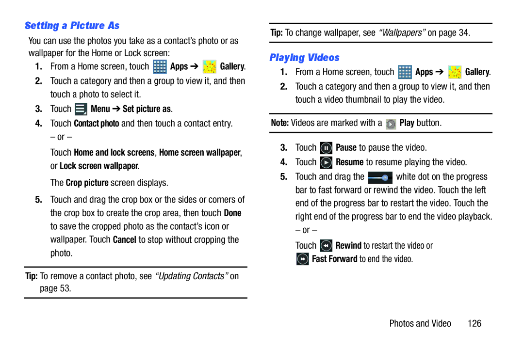 Samsung GT-P7510MAYXAB Setting a Picture As, Playing Videos, Touch Menu Set picture as, Crop picture screen displays, 126 