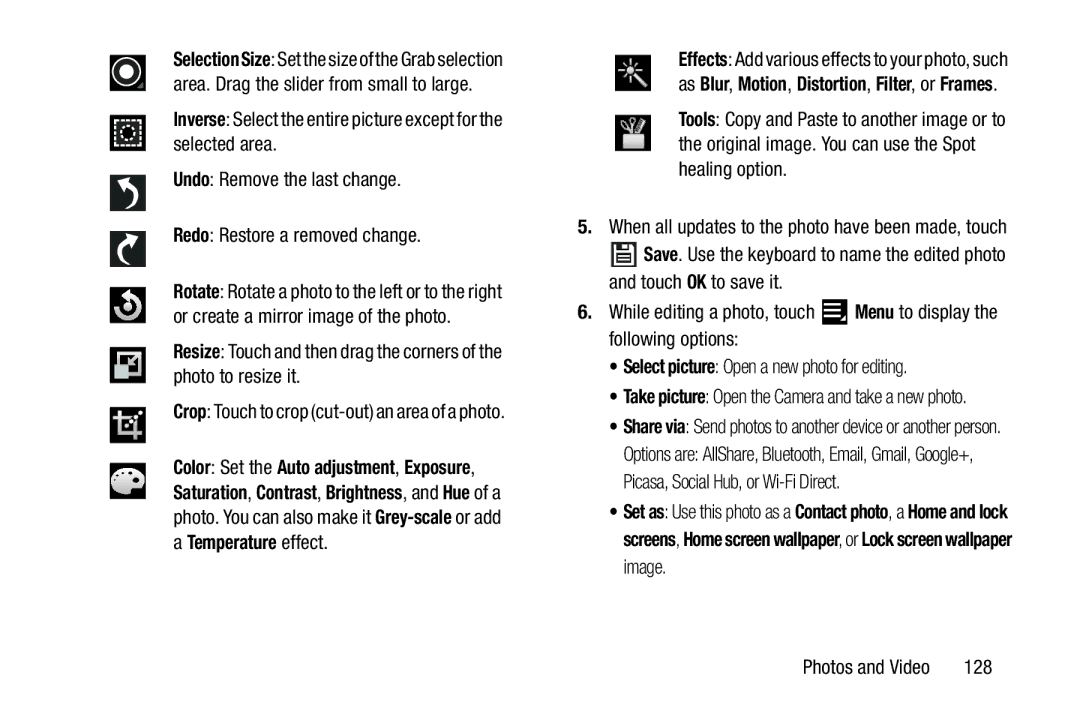 Samsung GT-P7510MAVXAB, GT-P7510UWVXAB, GT-P7510MAYXAB user manual 128, Crop Touch to crop cut-out an area of a photo 