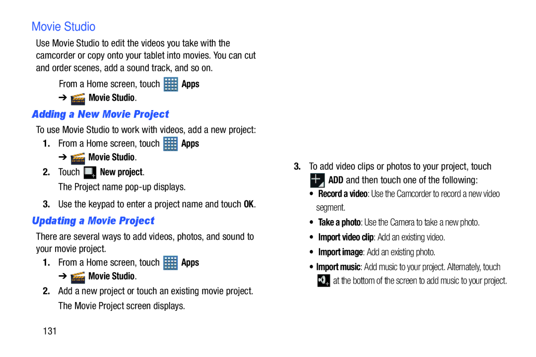 Samsung GT-P7510MAVXAB user manual Adding a New Movie Project, Updating a Movie Project, Movie Studio Touch New project 