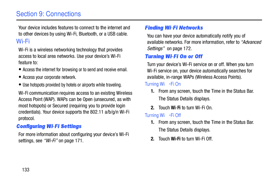 Samsung GT-P7510UWVXAB, GT-P7510MAVXAB Configuring Wi-Fi Settings, Finding Wi-Fi Networks, Turning Wi-Fi On or Off 