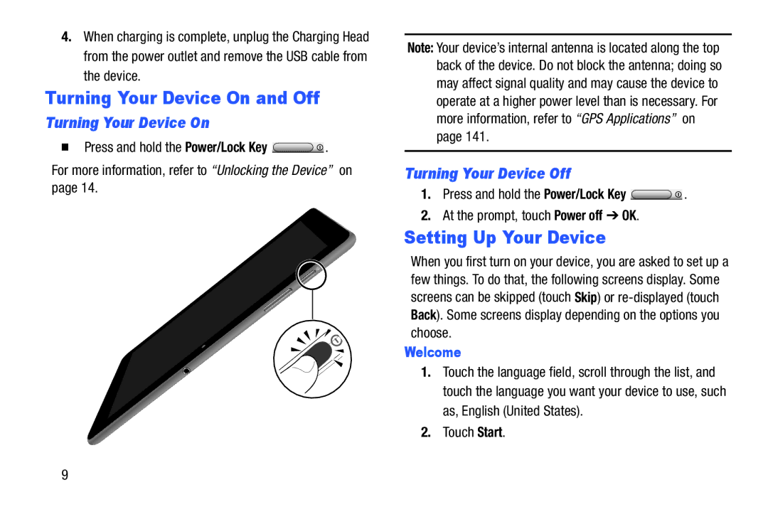 Samsung GT-P7510MAYXAB user manual Turning Your Device On and Off, Setting Up Your Device, Turning Your Device Off, Welcome 