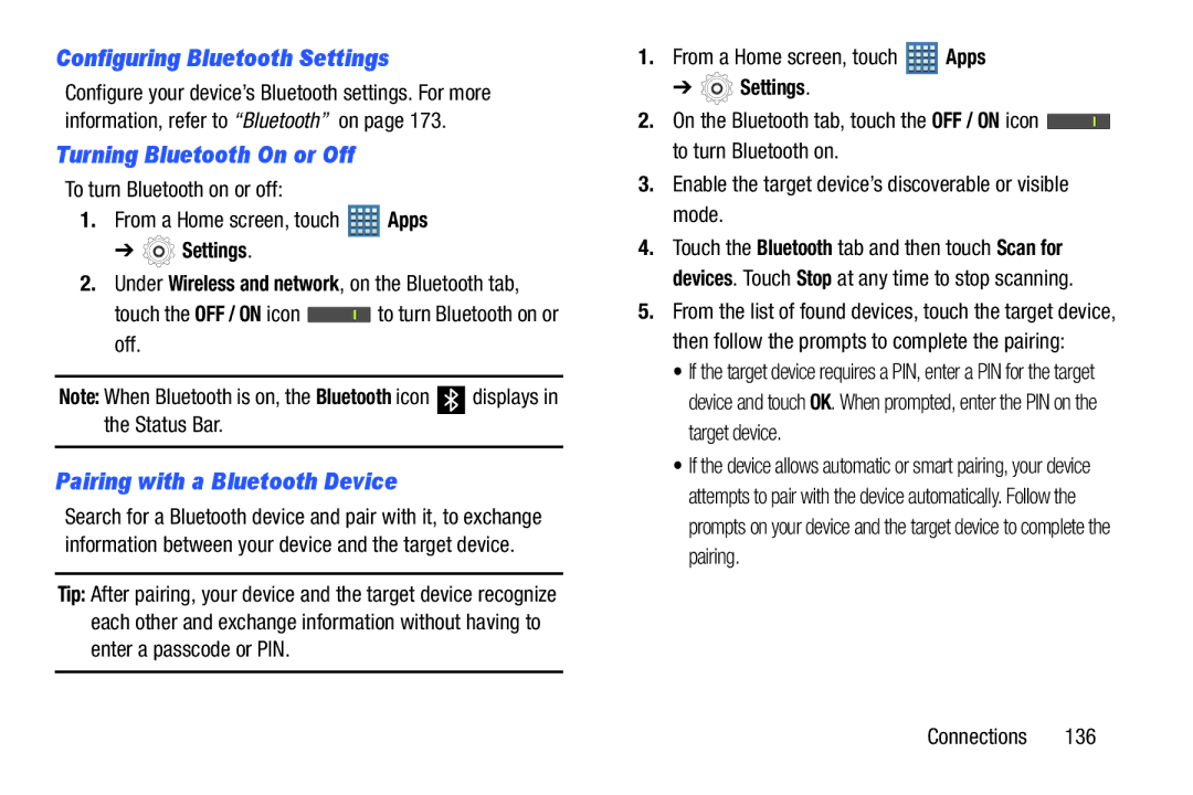 Samsung GT-P7510UWVXAB Configuring Bluetooth Settings, Turning Bluetooth On or Off, Pairing with a Bluetooth Device 