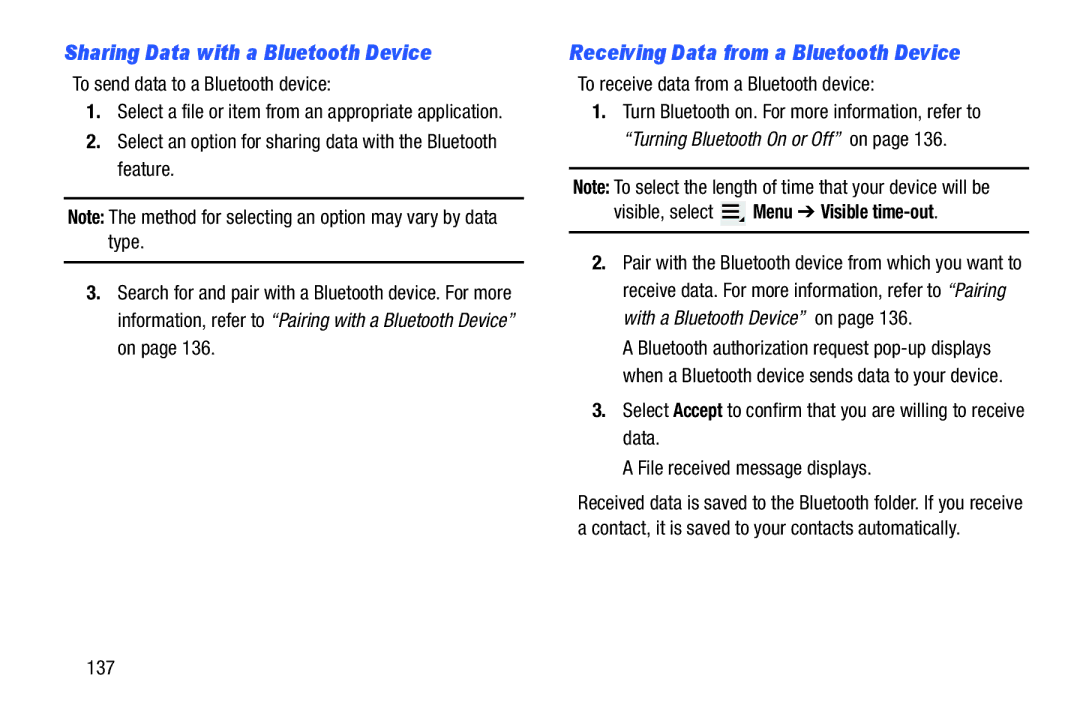 Samsung GT-P7510MAVXAB, GT-P7510UWVXAB Sharing Data with a Bluetooth Device, Receiving Data from a Bluetooth Device 