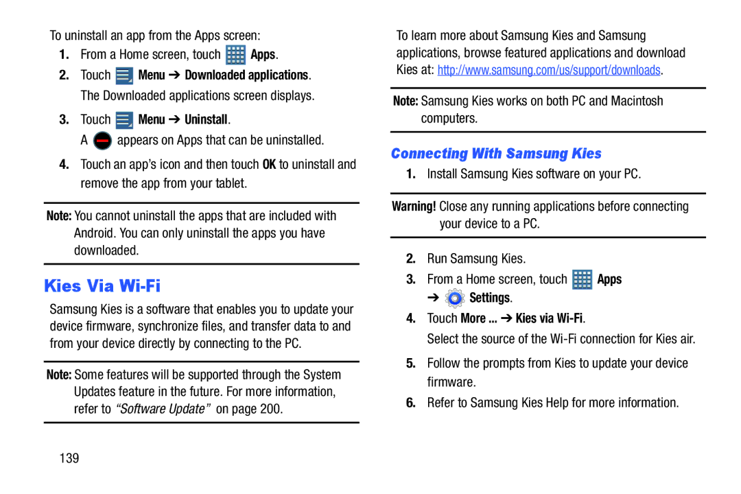 Samsung GT-P7510UWVXAB Kies Via Wi-Fi, Connecting With Samsung Kies, Touch Menu Uninstall, Run Samsung Kies, Firmware 