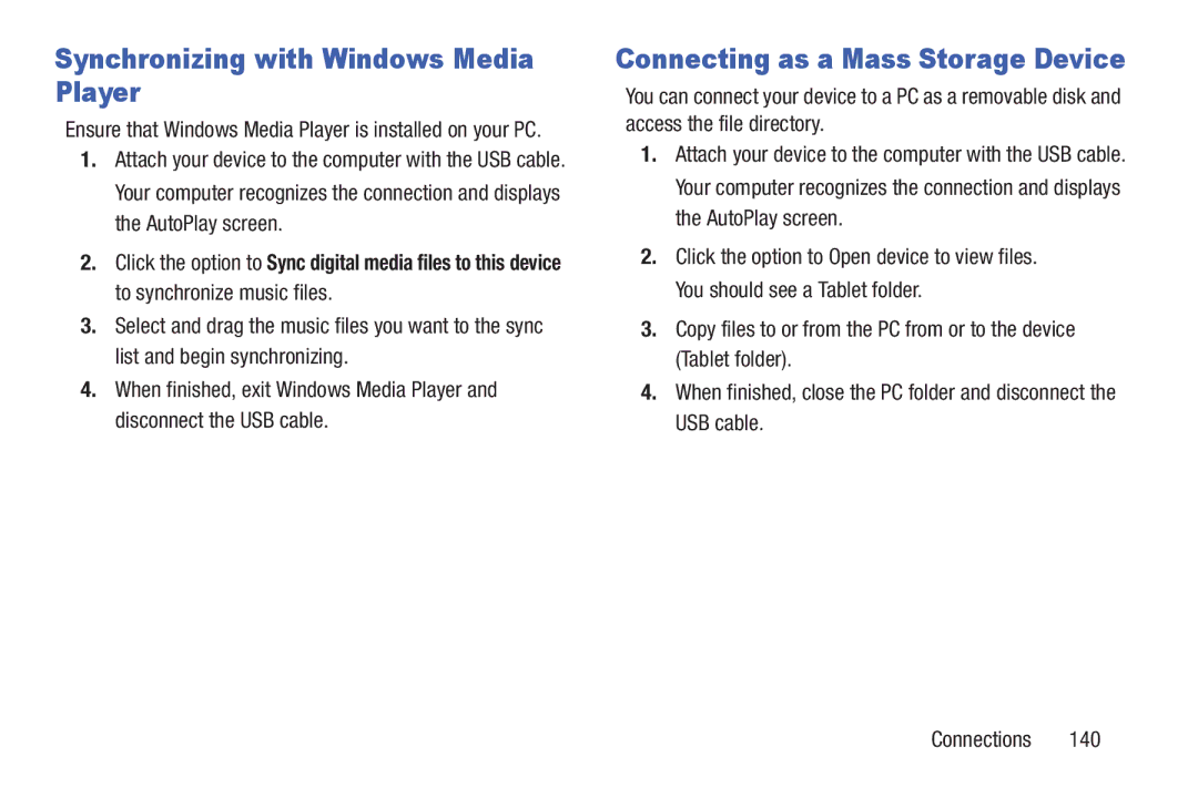 Samsung GT-P7510MAVXAB, GT-P7510UWVXAB Synchronizing with Windows Media Player, Connecting as a Mass Storage Device 