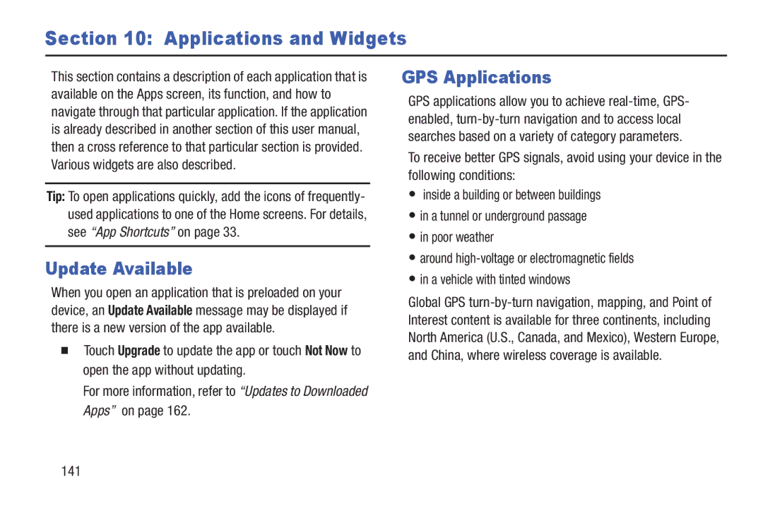 Samsung GT-P7510MAYXAB, GT-P7510UWVXAB, GT-P7510MAVXAB user manual Update Available, GPS Applications, 141 