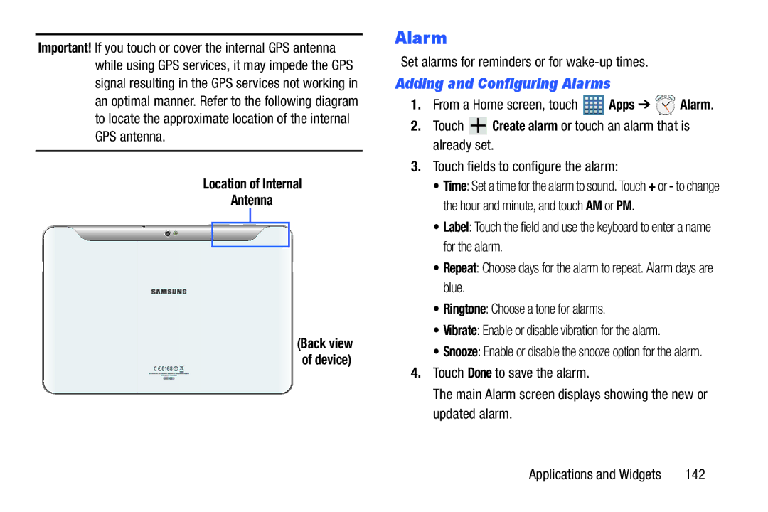 Samsung GT-P7510UWVXAB, GT-P7510MAVXAB, GT-P7510MAYXAB Adding and Configuring Alarms, Location of Internal Antenna, 142 