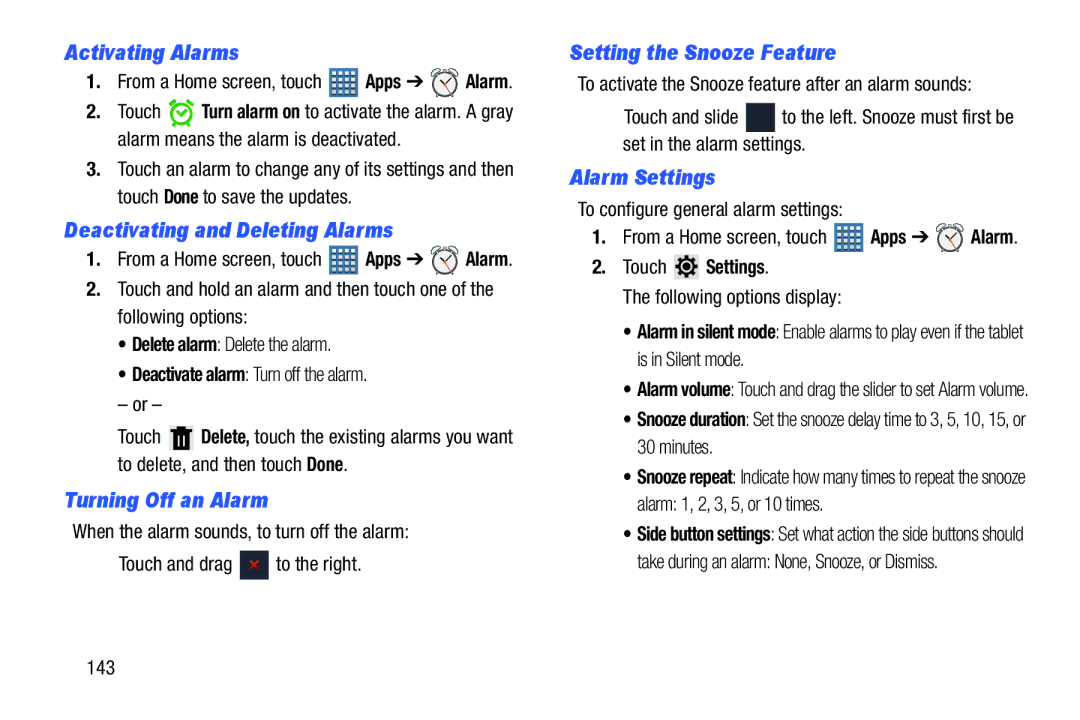 Samsung GT-P7510MAVXAB Activating Alarms, Deactivating and Deleting Alarms, Turning Off an Alarm, Alarm Settings 