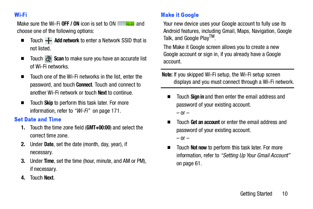 Samsung GT-P7510UWVXAB, GT-P7510MAVXAB, GT-P7510MAYXAB user manual Wi-Fi, Set Date and Time, Make it Google 