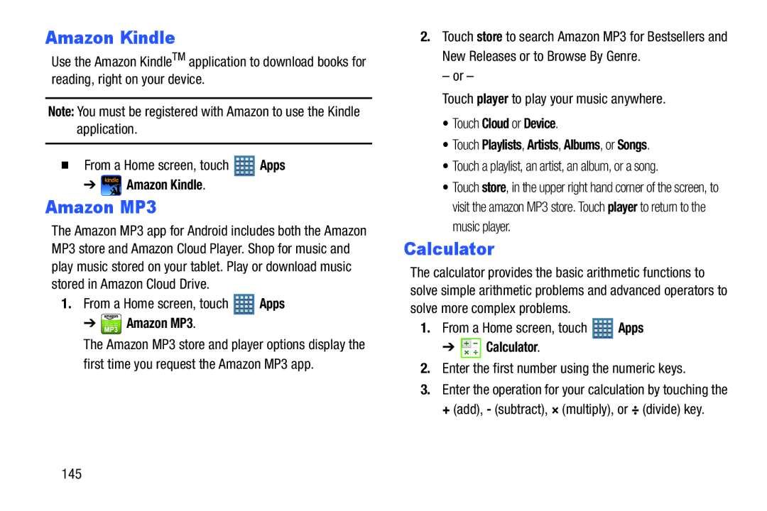 Samsung GT-P7510UWVXAB, GT-P7510MAVXAB, GT-P7510MAYXAB user manual Amazon Kindle, Amazon MP3, Calculator 