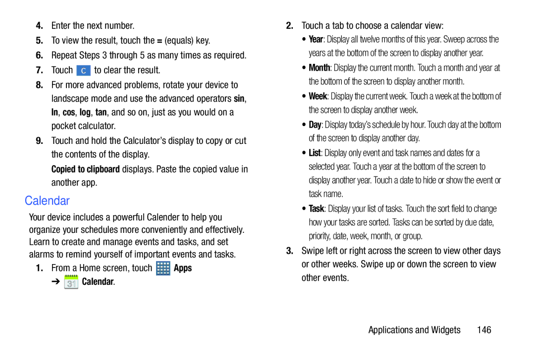 Samsung GT-P7510MAVXAB, GT-P7510UWVXAB Calendar, Touch to clear the result, Touch a tab to choose a calendar view, 146 